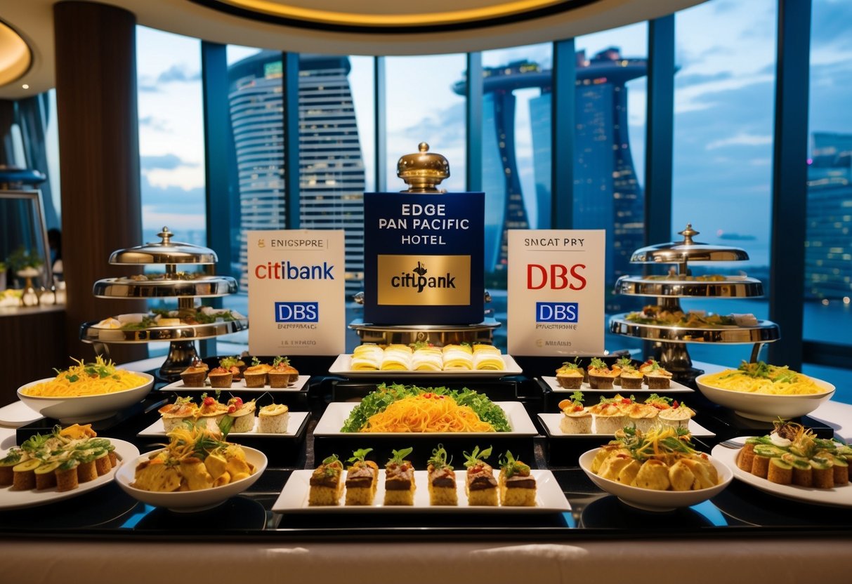 A lavish buffet spread at Edge Pan Pacific Hotel in Singapore, with Citibank and DBS promotions prominently displayed