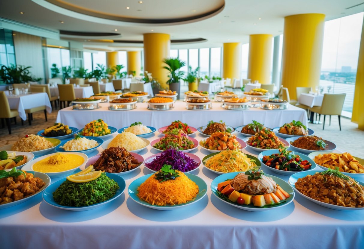 A colorful array of Indonesian dishes spread across a long buffet table in a bright and spacious dining area at Peppermint Pan Pacific Hotel in Singapore
