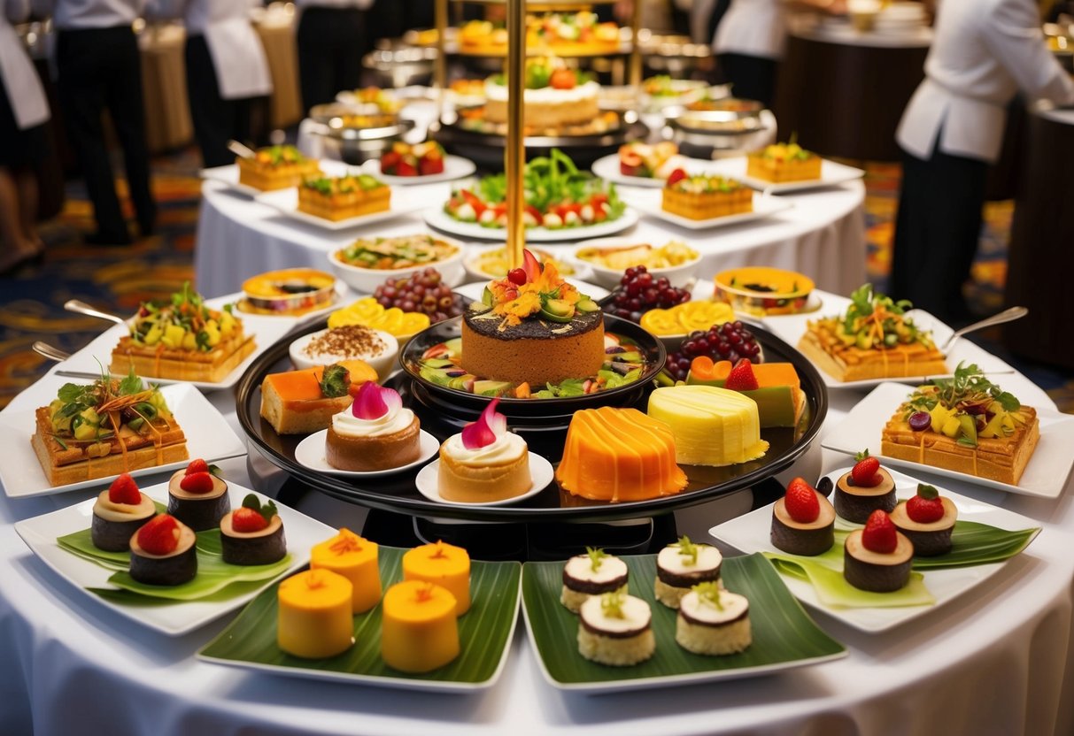 A colorful display of gourmet dishes and desserts at the Pan Pacific Buffet, with elegant table settings and a bustling atmosphere