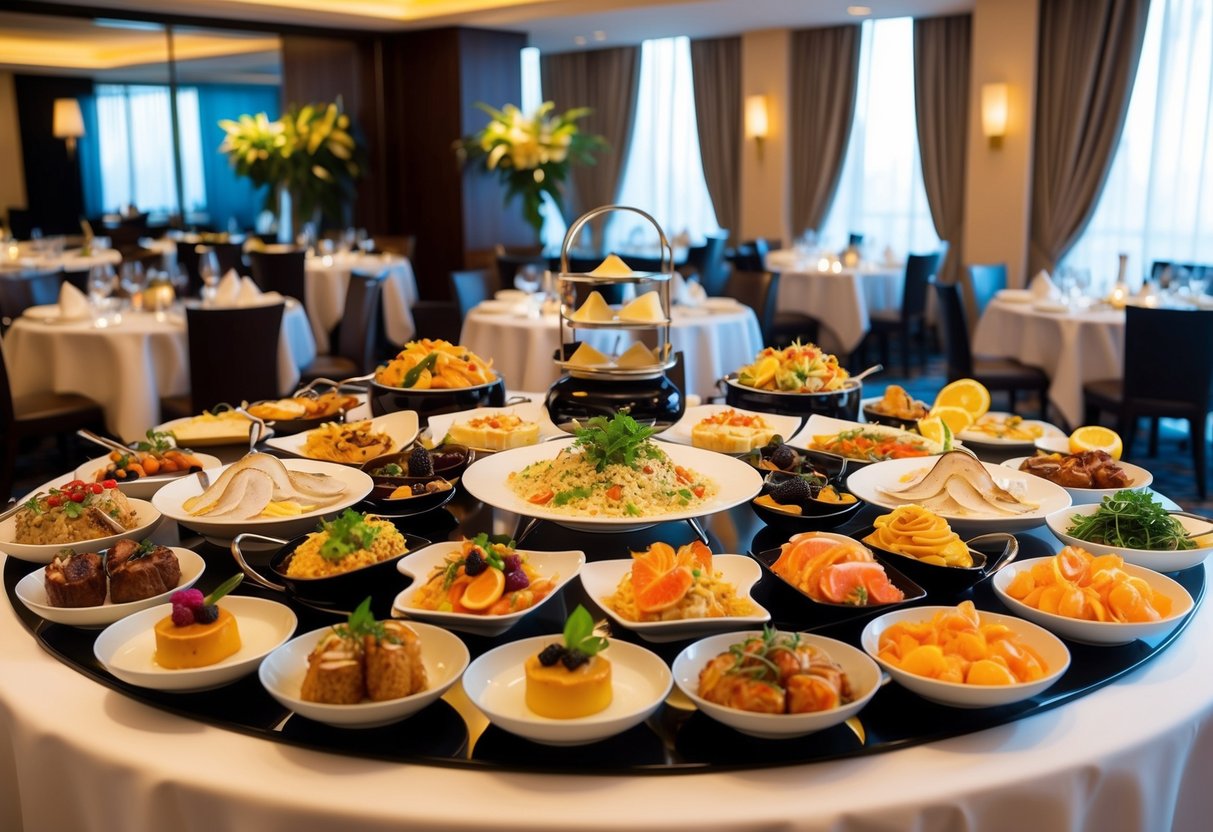 A lavish buffet spread with a variety of international cuisines, from fresh seafood to decadent desserts, beautifully presented in a luxurious hotel setting