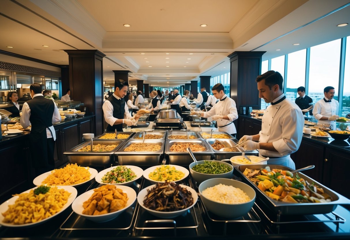 A bustling hotel buffet with a variety of food stations, diners enjoying their meals, and staff replenishing dishes